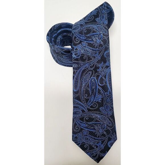 Pronto Uomo Necktie Black, Blue, and Taupe Paisley Printed Narrow 100% Silk Tie - Picture 1 of 11